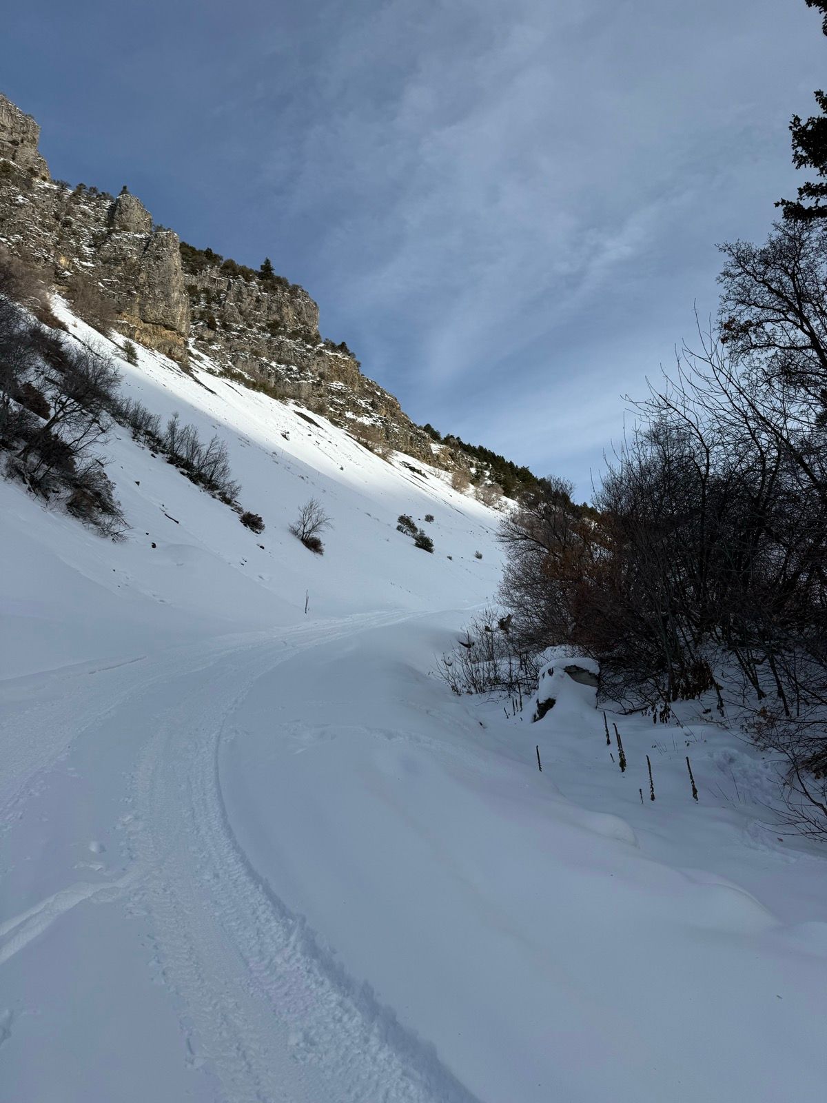 A snow-covered path winds through Providence Canyon, Utah, surrounded by steep rocky cliffs and sparse vegetation under a partly cloudy sky.