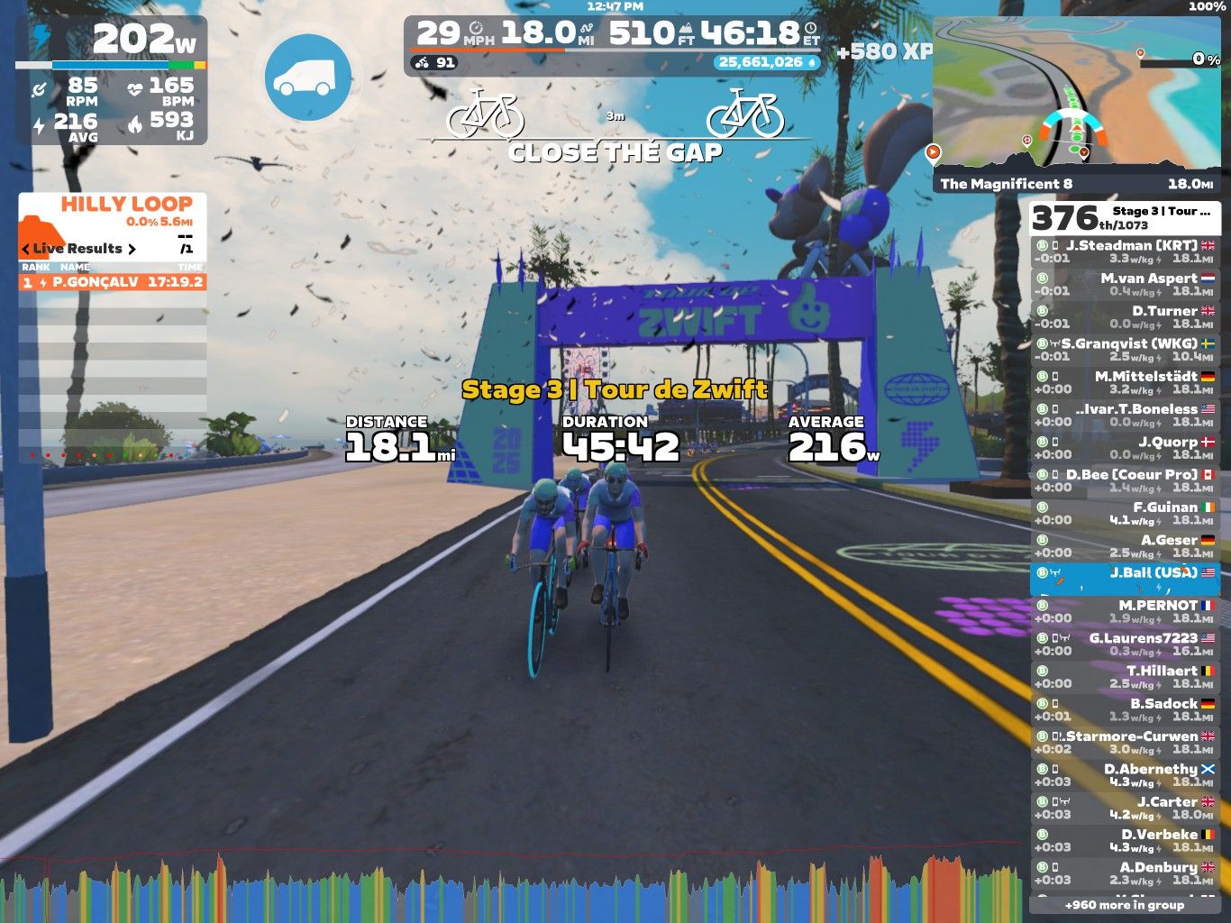 A digital cycling scene featuring cyclists racing on a virtual course in Zwift. The image shows a 