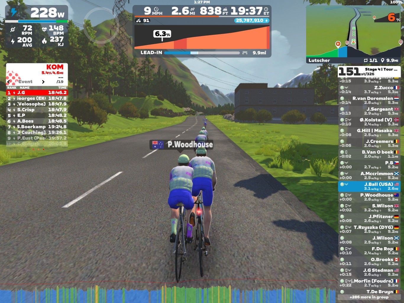 A group of cyclists participating in a virtual race on Zwift, riding on a scenic road surrounded by greenery. The screen displays race statistics, including pace, distance, and current rankings.