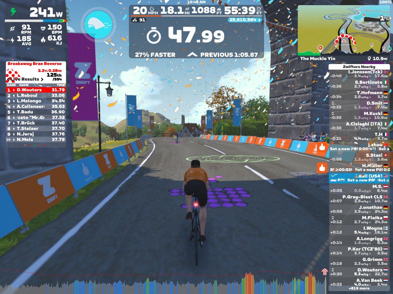 A cyclist rides on a virtual road in Zwift, surrounded by colorful banners and festive confetti. The screen displays performance metrics such as power output, speed, distance, and current leaderboard results for participants in an event. A map of the route is shown in the corner, with information about nearby cyclists.