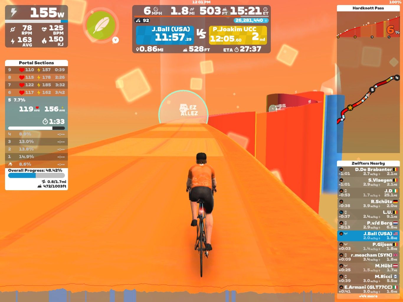 A cyclist riding on a vibrant, orange virtual road in Zwift, with various performance statistics displayed on the screen, including power output, speed, distance, and position in a race. The scene shows the cyclist in an orange jersey, pedaling along a narrow path with colorful digital structures on either side.