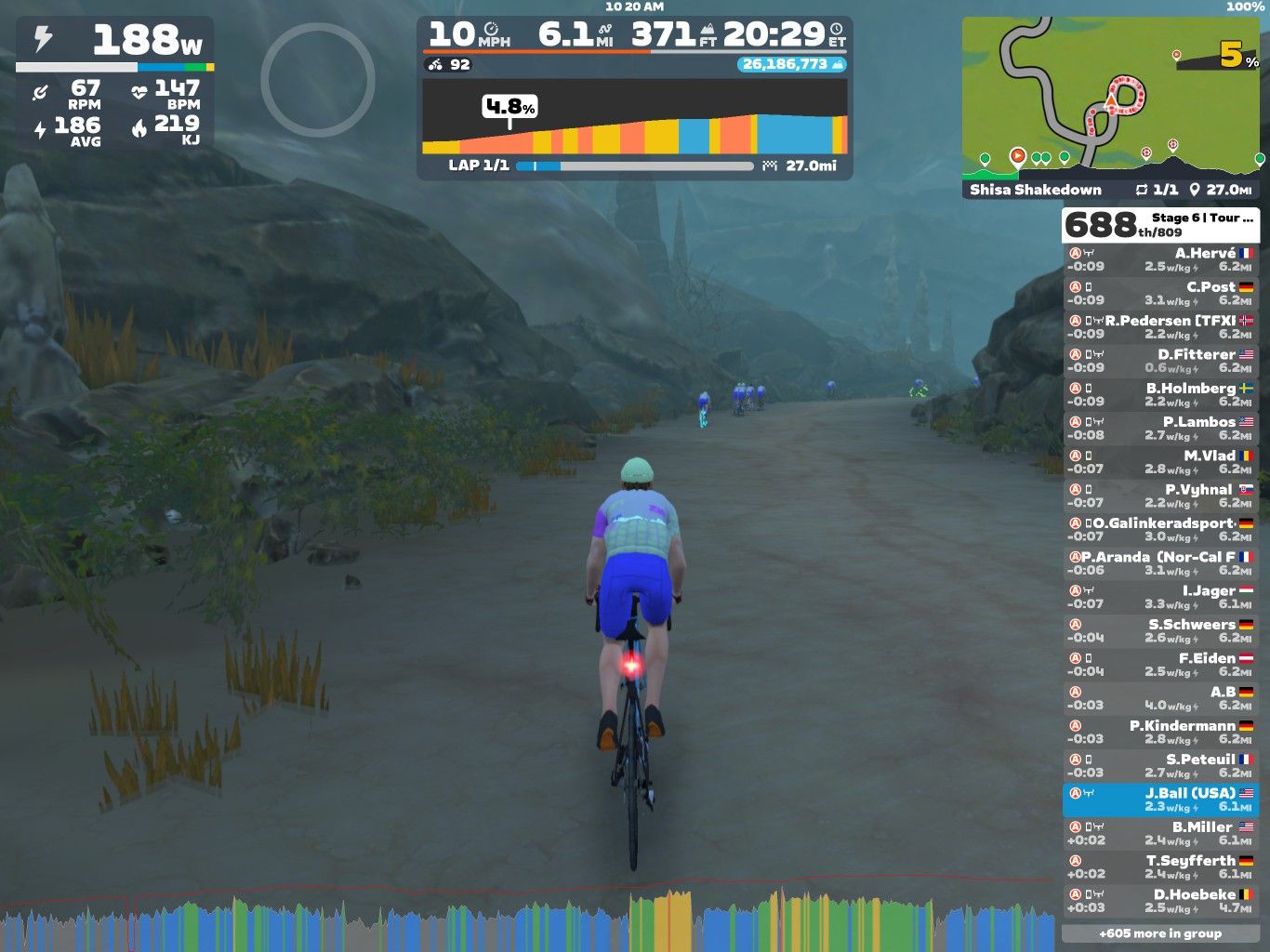 A cyclist navigates a rocky path in a virtual environment on Zwift, with a landscape featuring steep rocks and sparse vegetation. The screen shows performance metrics, including power output, speed, heart rate, and lap information, along with a leaderboard of other participants.