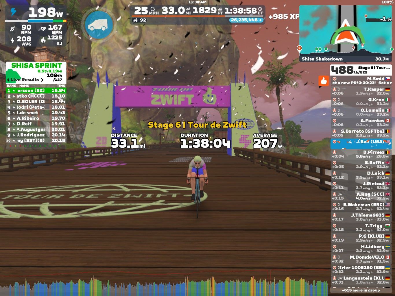A virtual cycling race scene from Zwift, featuring a cyclist on a wooden track with results displayed on the side. The backdrop includes mountains and colorful graphics indicating the event, titled 