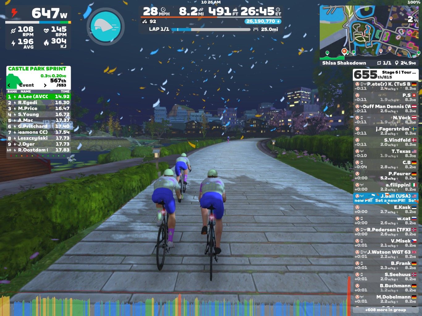 Three cyclists are riding on a paved path in a virtual setting, surrounded by digital confetti and a night skyline. The screen displays performance metrics, including power output and speed, along with a leaderboard for a cycling event called 
