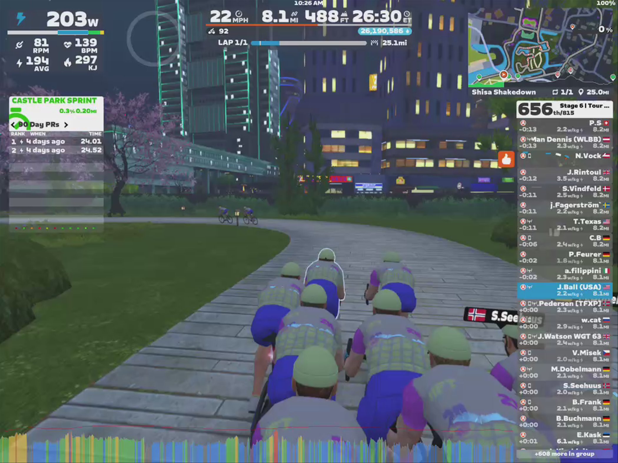 A group of cyclists rides on a virtual track in Zwift at night, surrounded by digital skyscrapers and cherry blossom trees. On the screen, performance metrics like wattage, speed, and lap information are displayed alongside a leaderboard showing participant rankings and times. The scenery features a mix of modern architecture and green park spaces.