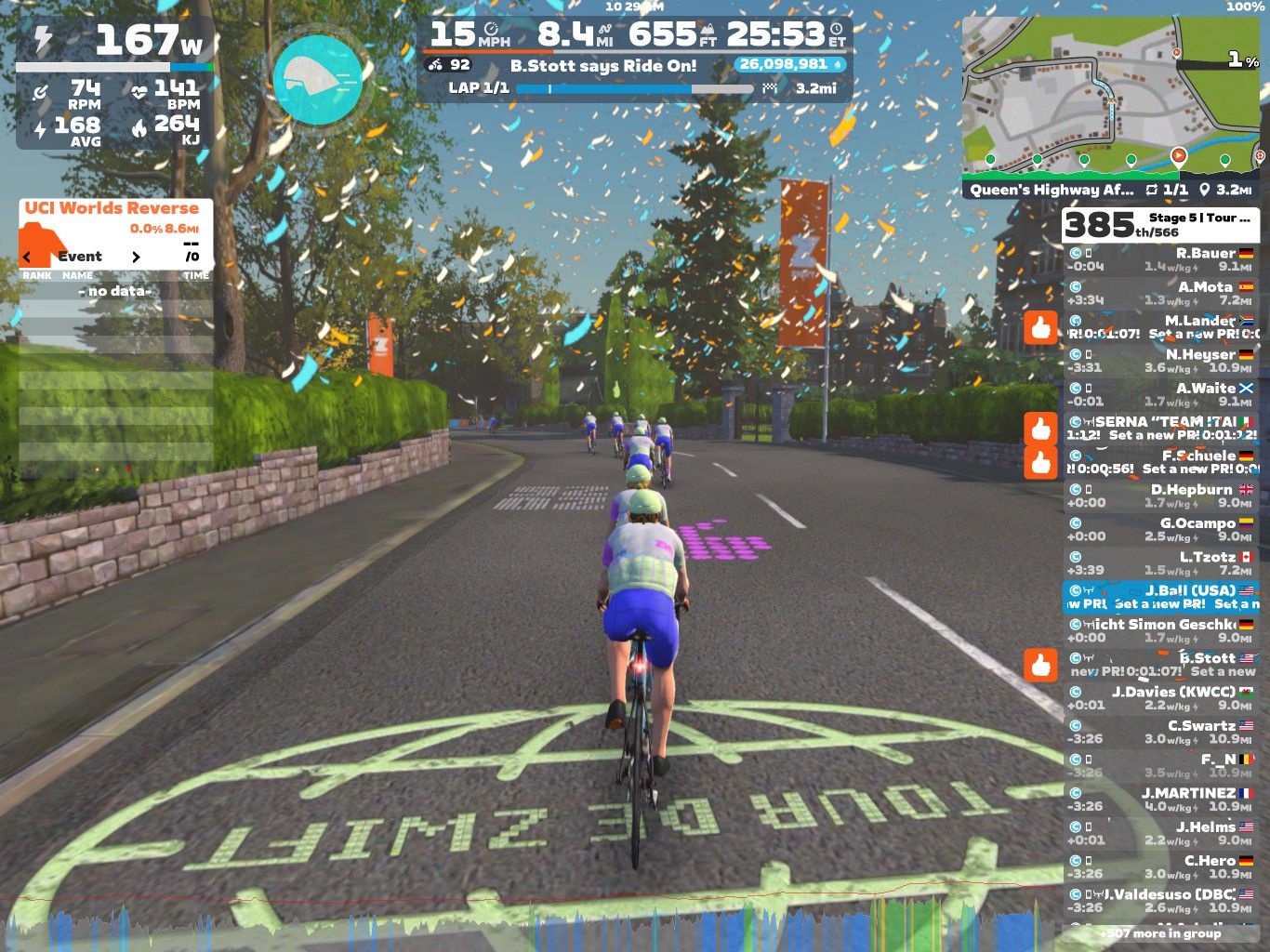 A group of cyclists is riding on a virtual route in Zwift, showcasing a vibrant and colorful environment. The screen displays performance metrics, including wattage, speed, and heart rate, as well as a leaderboard and a map of the course. Confetti is falling around the riders, creating a festive atmosphere.