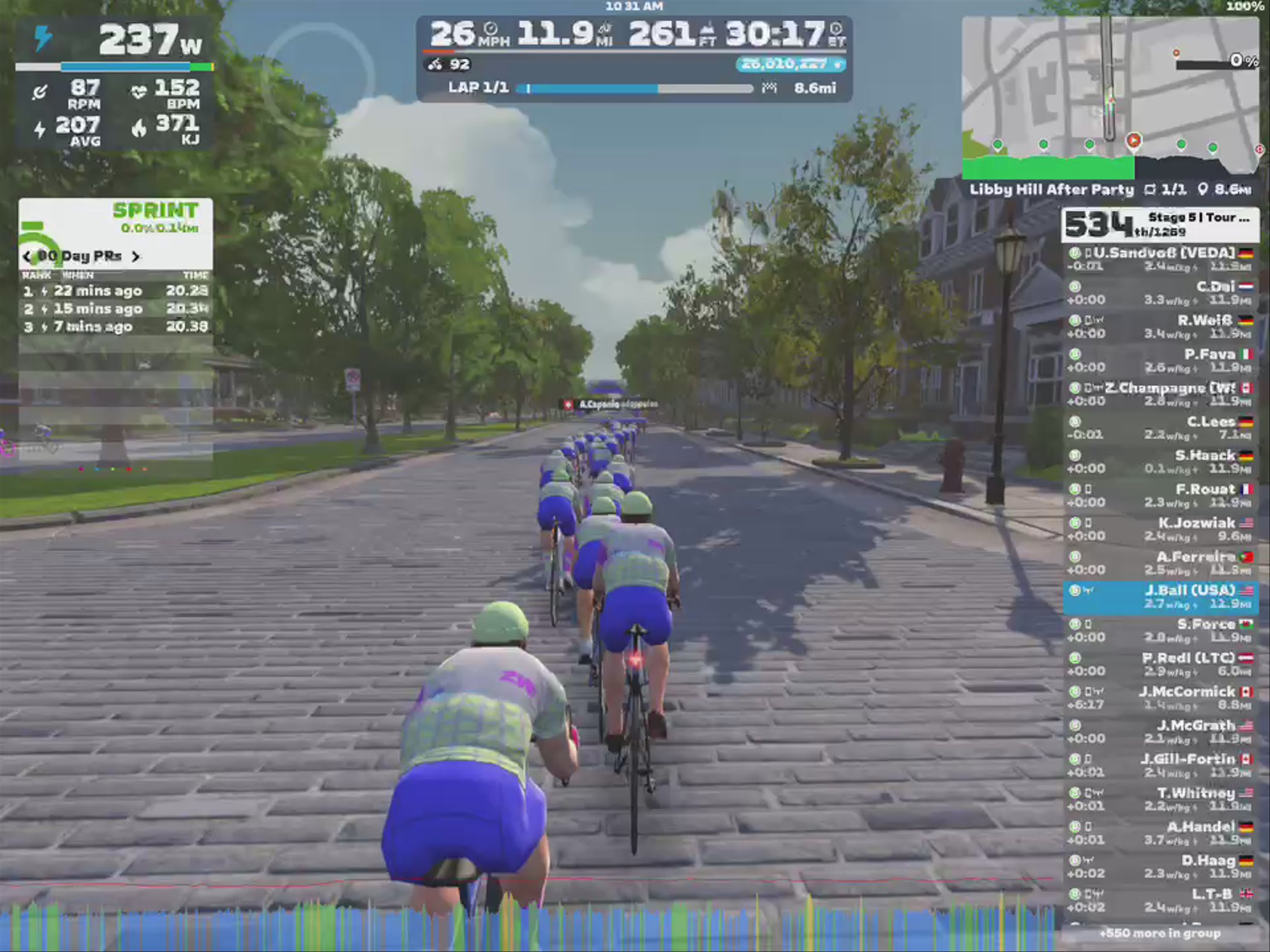 A digital cycling scene in Zwift, showing a group of cyclists riding on a cobblestone street with trees lining the road. The cyclists are wearing matching blue and gray jerseys and helmets. The overlay displays statistics such as power output, speed, heart rate, and leaderboard information. Detailed map and sprint data are visible on the right side of the image.