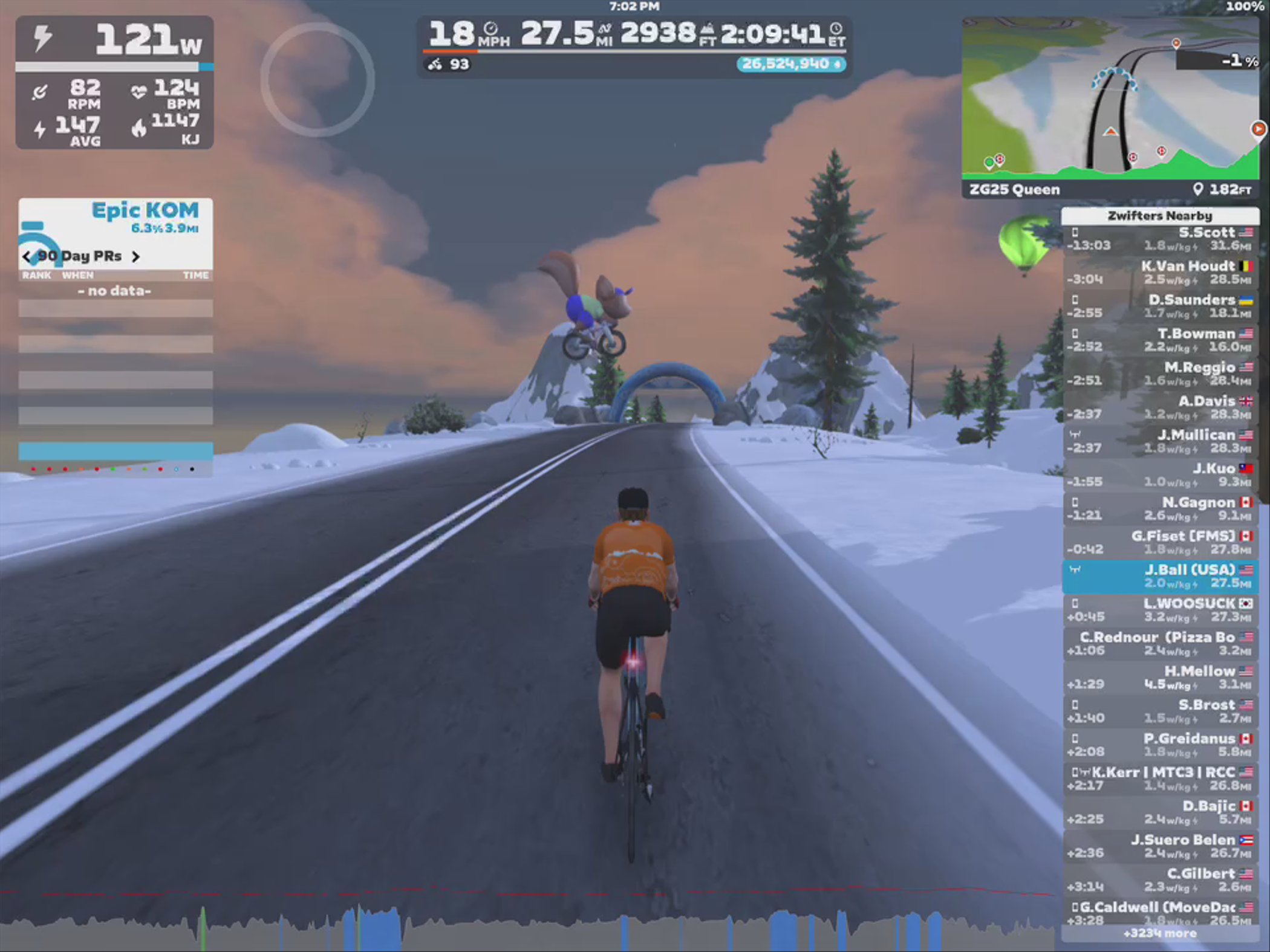 A cyclist in an orange jersey rides on a virtual snowy road in Zwift, with a mountain and a giant cartoon squirrel in the background. The display shows various performance metrics, including power output, speed, and heart rate, along with a leaderboard of nearby riders. The sky has a colorful sunset.