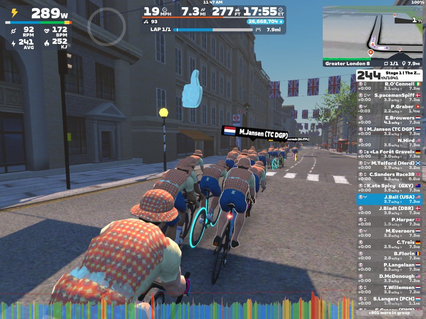 A group of cyclists is riding in a virtual race environment, showcasing a street scene with buildings and UK flags. The cyclists are wearing brightly patterned outfits, and the screen displays various performance metrics and participant names on the side.