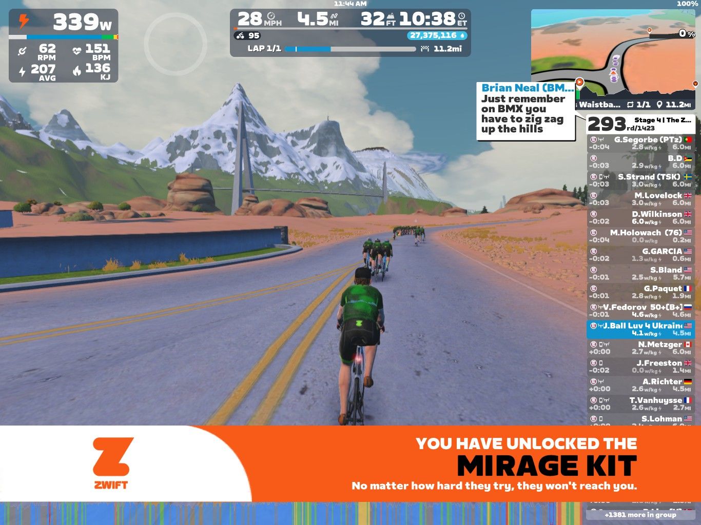 A group of cyclists are riding on a virtual road in Zwift, surrounded by mountains and a desert landscape. The scene includes cycling statistics displayed at the top, such as power output and speed, along with a message about unlocking a kit. A leaderboard on the right shows the names and stats of participants. There are rocky formations and greenery in the background, creating a vibrant virtual environment.
