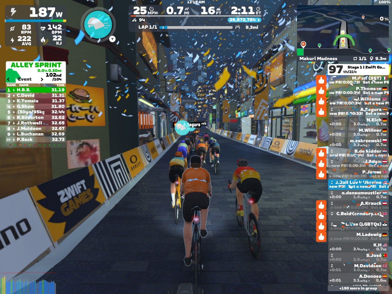 A group of cyclists in a virtual racing environment on Zwift, competing in the 