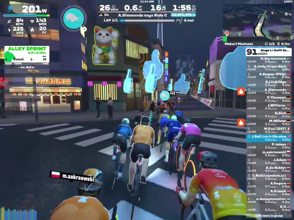 A group of virtual cyclists is riding in a nighttime urban setting in Zwift. The scene features colorful neon lights, storefronts, and a large cat figurine. The cyclists are wearing various colorful jerseys, and data such as distance, wattage, and heart rate is displayed on the screen.