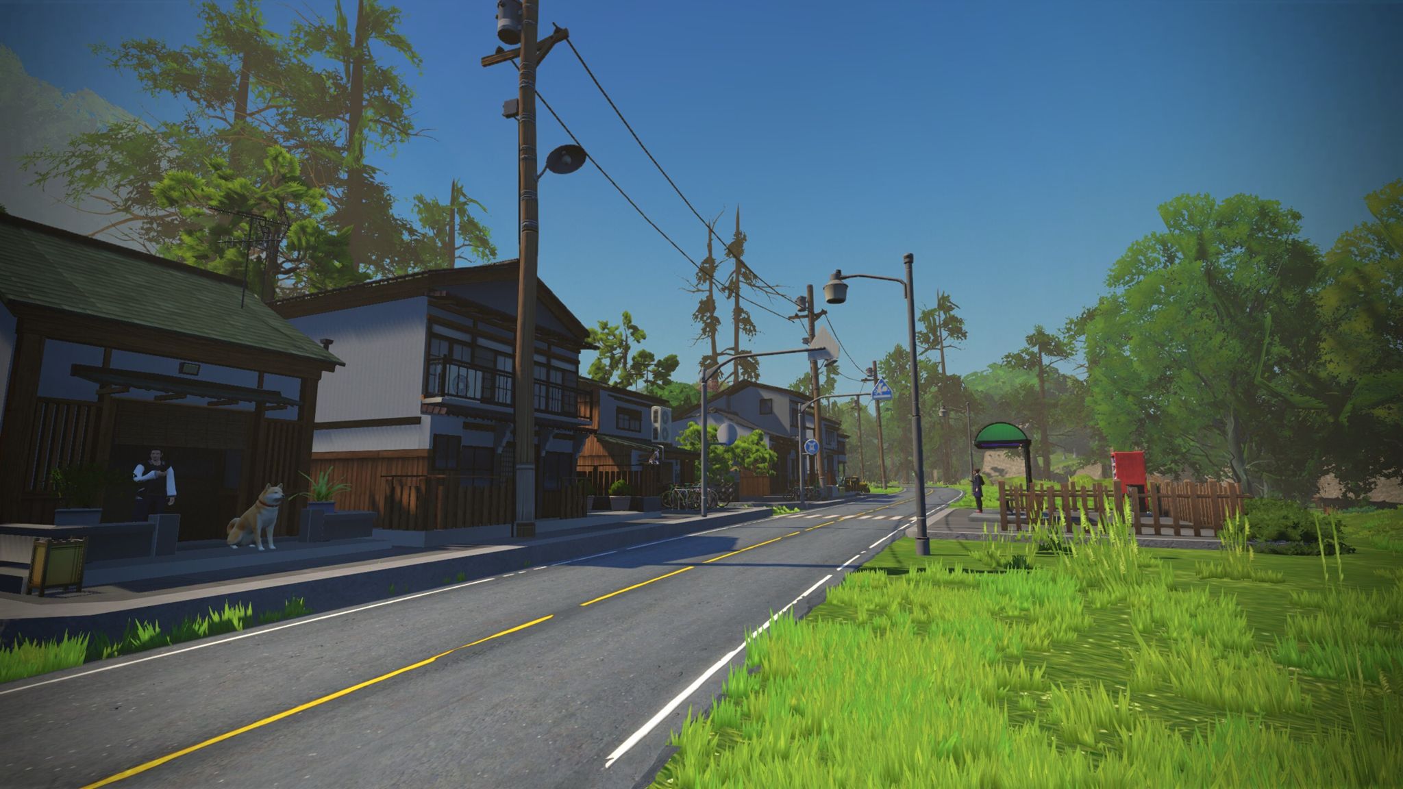A scenic view of a virtual street in Zwift, featuring modern buildings with traditional architecture, greenery, and a clear blue sky. A person stands outside one of the buildings next to a dog. There are utility poles, streetlights, and a bus stop nearby, with a well-maintained road and grass on the sides.