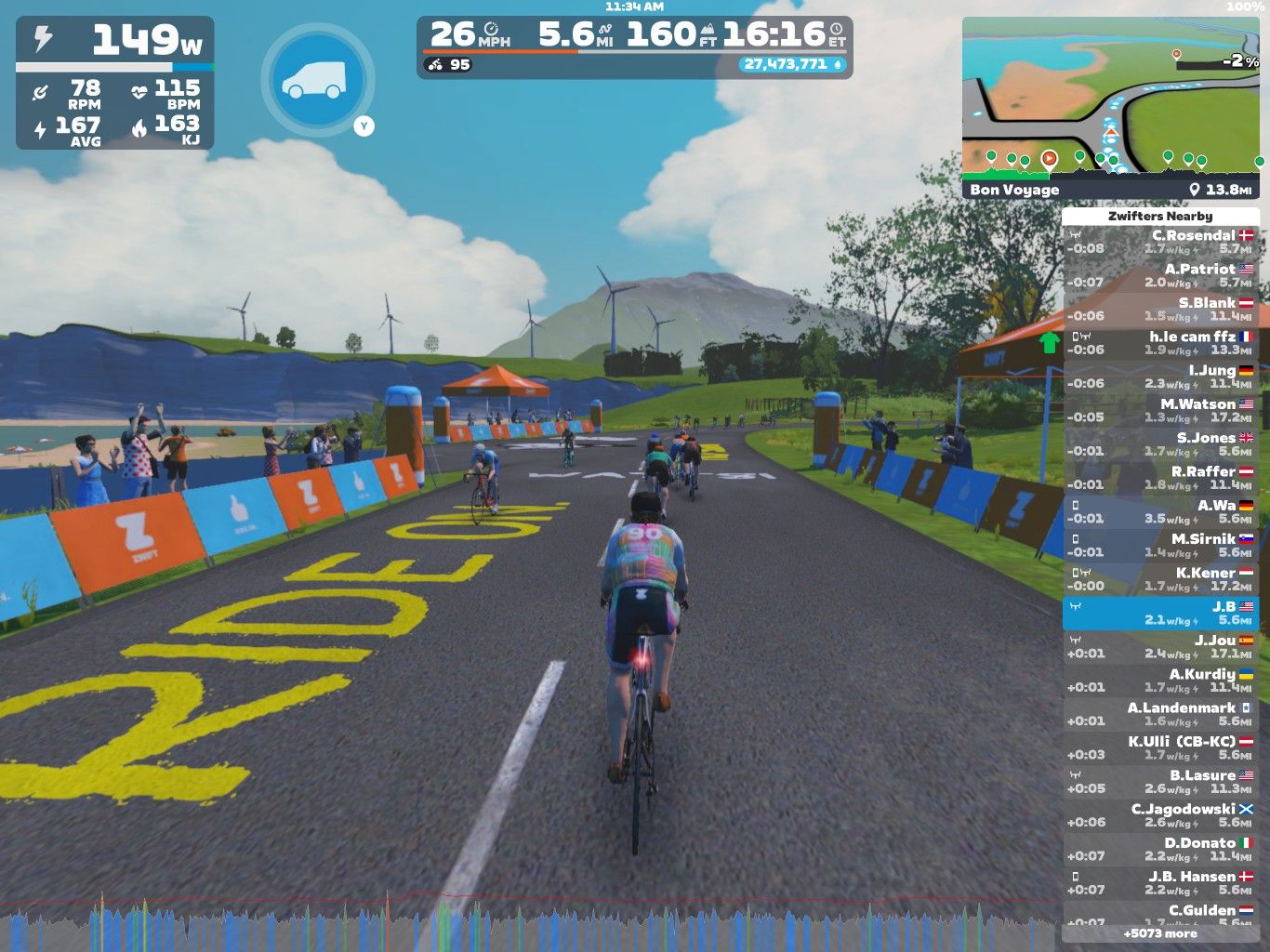 A screenshot from Zwift showing a virtual cycling race. A group of cyclists is riding on a road with 