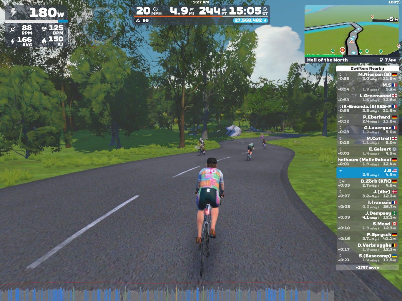 A digital cycling scene in Zwift showing several cyclists on a winding road surrounded by greenery. The display includes cycling statistics such as power output, speed, and heart rate. Additional information on nearby riders is visible on the right side of the screen, along with a map indicating the route labeled 