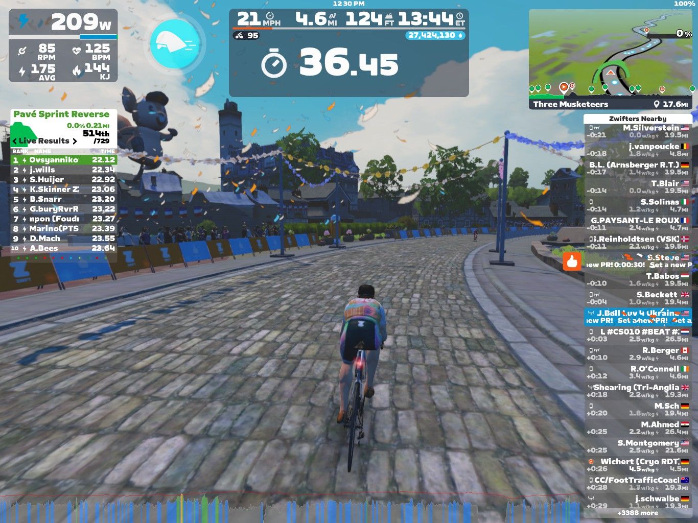 A cyclist rides on a cobblestone street in a virtual environment, displaying various statistics such as speed (21 mph), power (209 W), and heart rate (125 BPM). In the background, there are festive decorations and a large statue. A leaderboard shows live race results, with the cyclist currently in 514th place out of 729 participants.