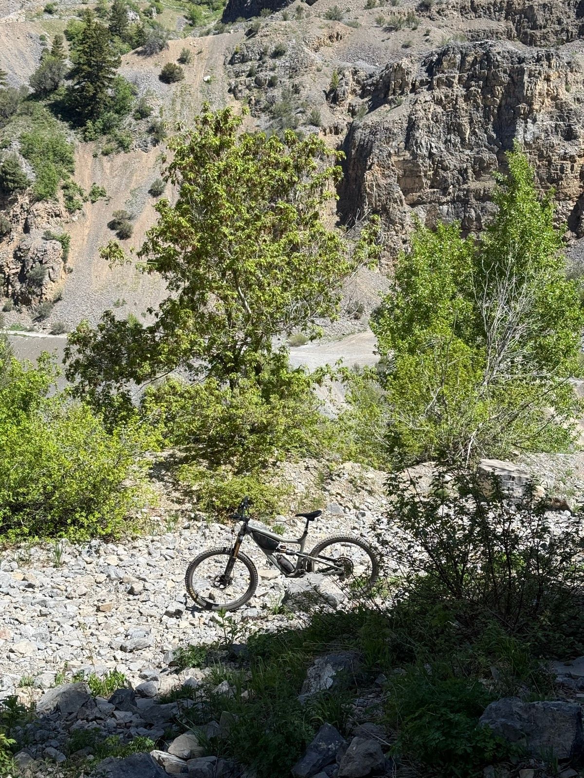 A mountain bike is positioned among rocky terrain with green shrubs and trees in Providence Canyon, Utah. The canyon's steep, rugged cliffs are visible in the background, showcasing the natural landscape.
