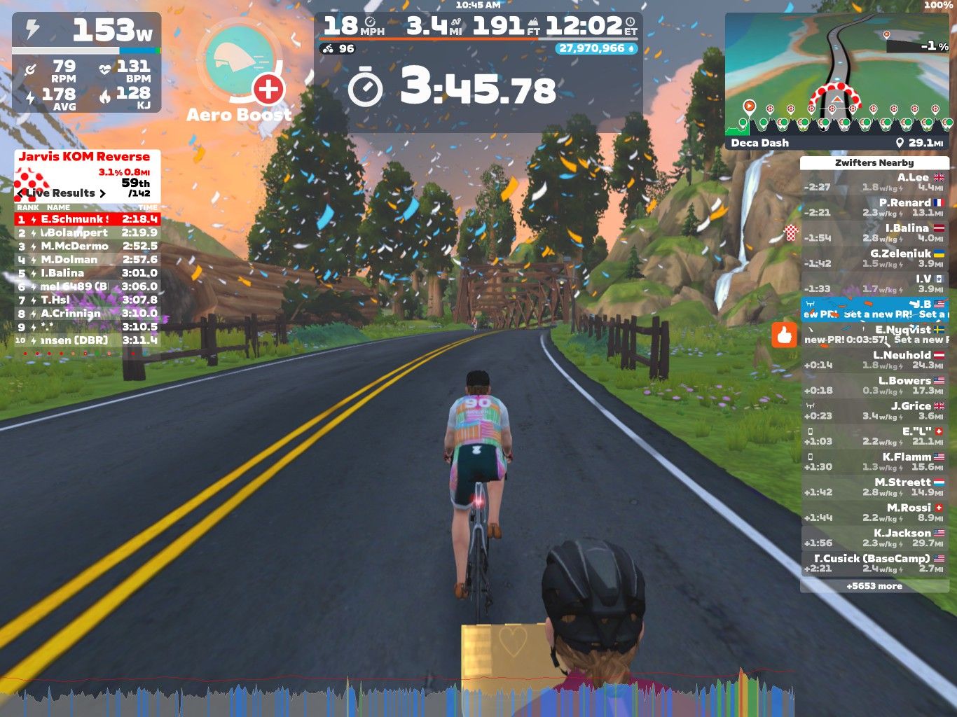 A cyclist is riding on a scenic virtual road in Zwift, showcasing a digital landscape with trees, a farm, and a mountainous backdrop. The HUD displays cycling performance metrics, race results, and nearby Zwift users, along with a timer indicating the current progress in a race.