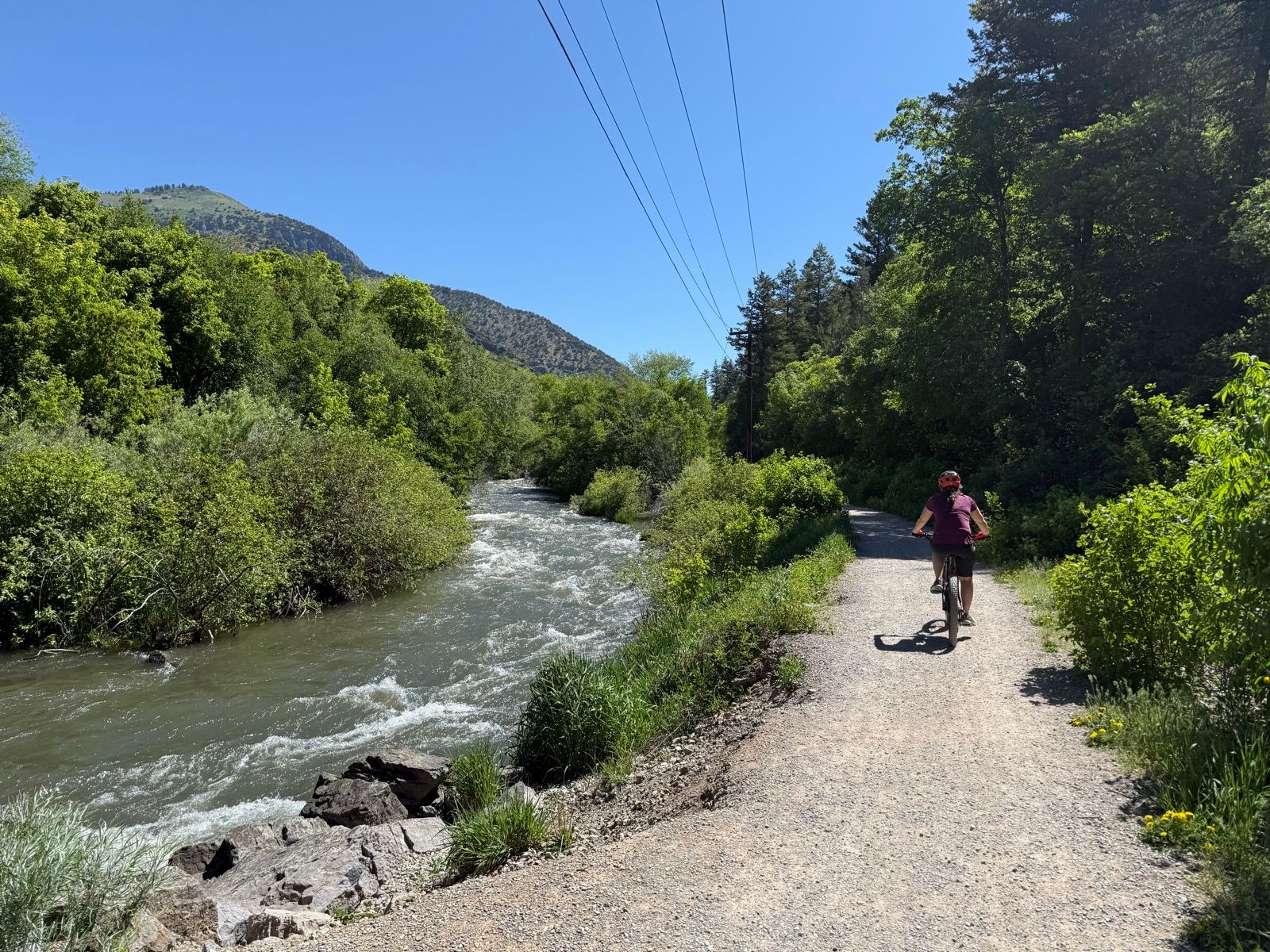 A person rides a bicycle on a gravel path next to a flowing river, surrounded by lush green trees and hills under a clear blue sky in Logan, Utah.