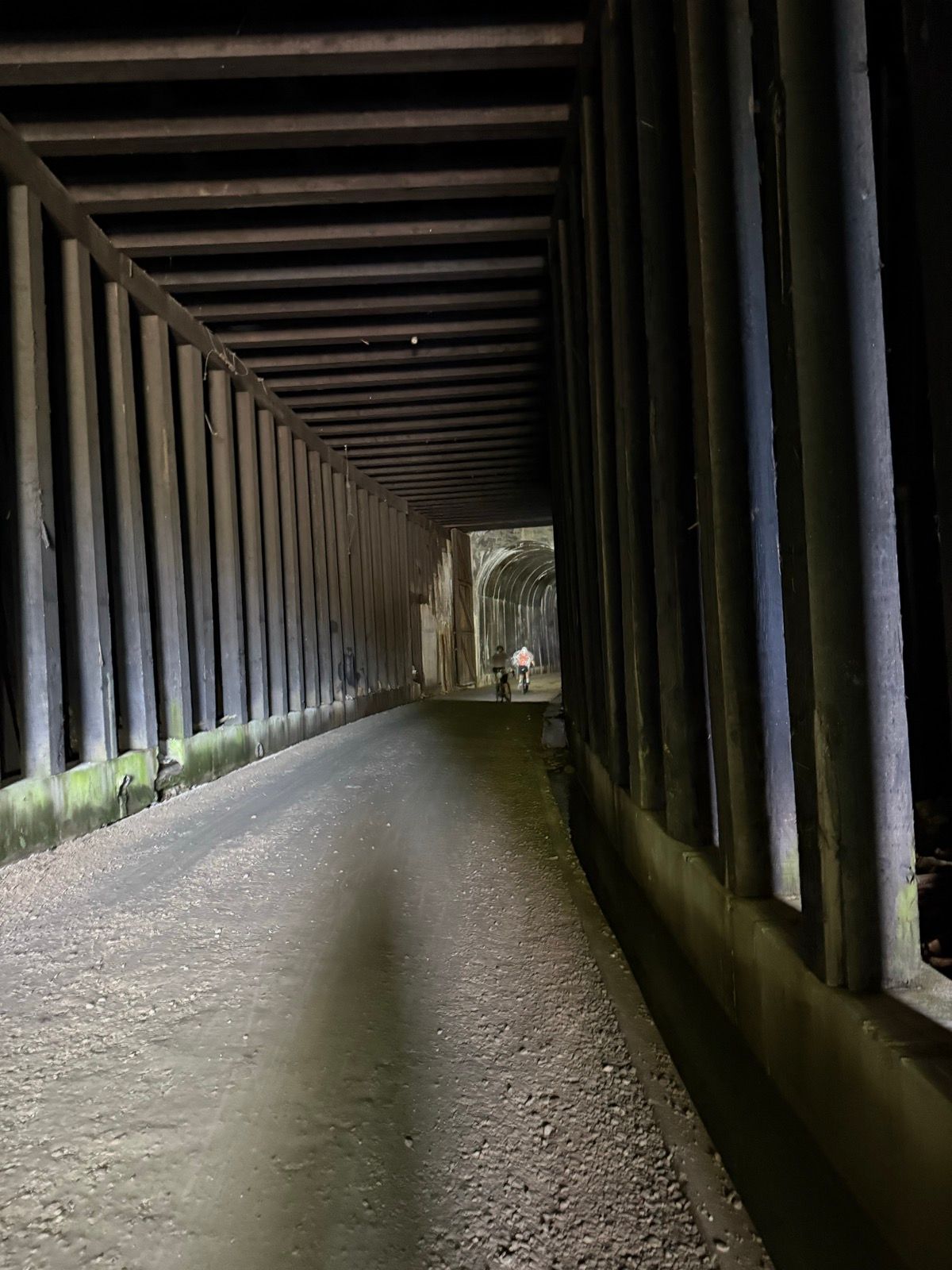 A dimly lit tunnel with wooden beams lining the walls. A dirt path runs through the center, and a few people can be seen walking in the distance. Moss can also be spotted on the lower sections of the walls.
