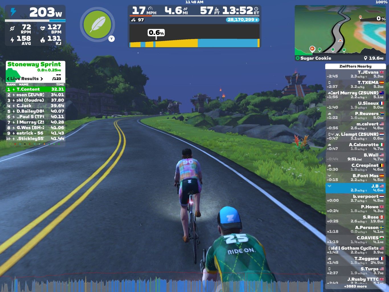 A digital cycling scene in Zwift showing two cyclists on a road with a curved path. The screen displays various stats such as power output, speed, distance, and heart rate, along with a list of riders' rankings and times. The background includes virtual landscapes with trees and buildings under a night sky.