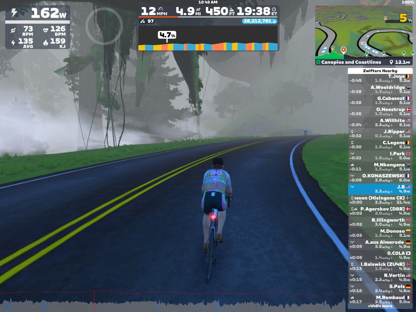 A cyclist in a virtual environment on Zwift rides along a road surrounded by misty trees. The screen displays various performance stats, including power, speed, and distance. Additionally, a list of nearby riders and their performance metrics is shown on the right side of the screen.
