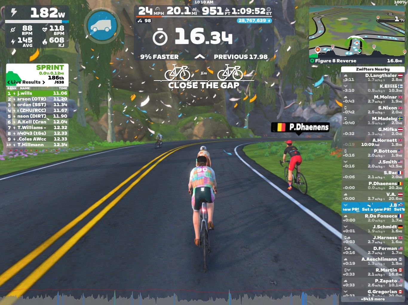 A screenshot from Zwift shows two cyclists on a virtual road, surrounded by greenery and trees. The display includes various metrics such as power output (182W), speed (24 mph), distance (16.34 miles), and rider rankings. Additionally, there's a leaderboard with live results and a map overview.