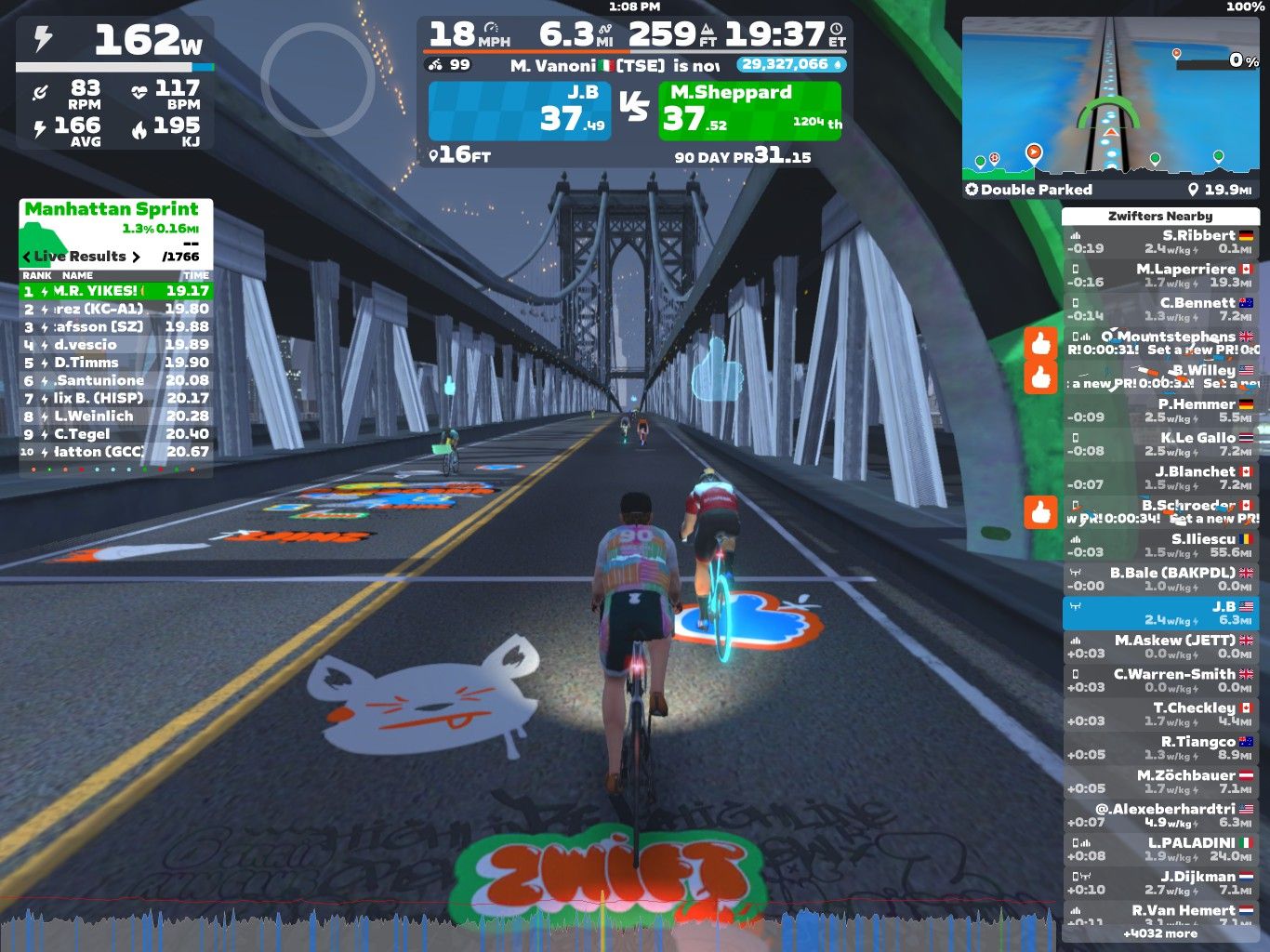 A virtual cycling scene in Zwift shows cyclists racing on a road beneath a bridge. The screenshot displays performance metrics and leaderboards, including power output, speed, and rider rankings for the Manhattan Sprint event. Colorful designs and graphics cover the road, and additional information about nearby riders and their stats is shown on the right side of the image.