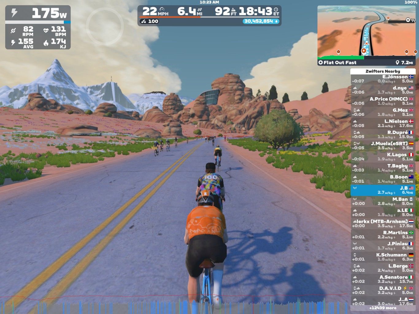 A group of cyclists is riding on a virtual road surrounded by rocky formations and mountains. The screen displays cycling statistics, including power output, speed, heart rate, and distance traveled, along with a map and nearby participants. The scene has a bright sky with scattered clouds.