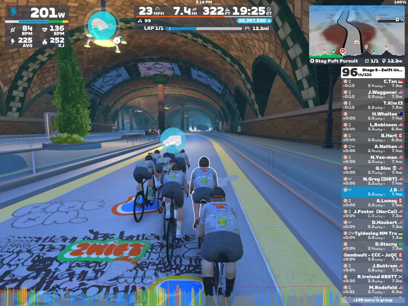 A group of cyclists riding in Zwift, an online cycling platform, within a tunnel with a brick arch ceiling. The cyclists are wearing gray jerseys with colorful designs and are positioned closely together. The scene displays elements such as cycling stats on the left side and a watchlist of participants on the right side. The floor features colorful graffiti, including the name
