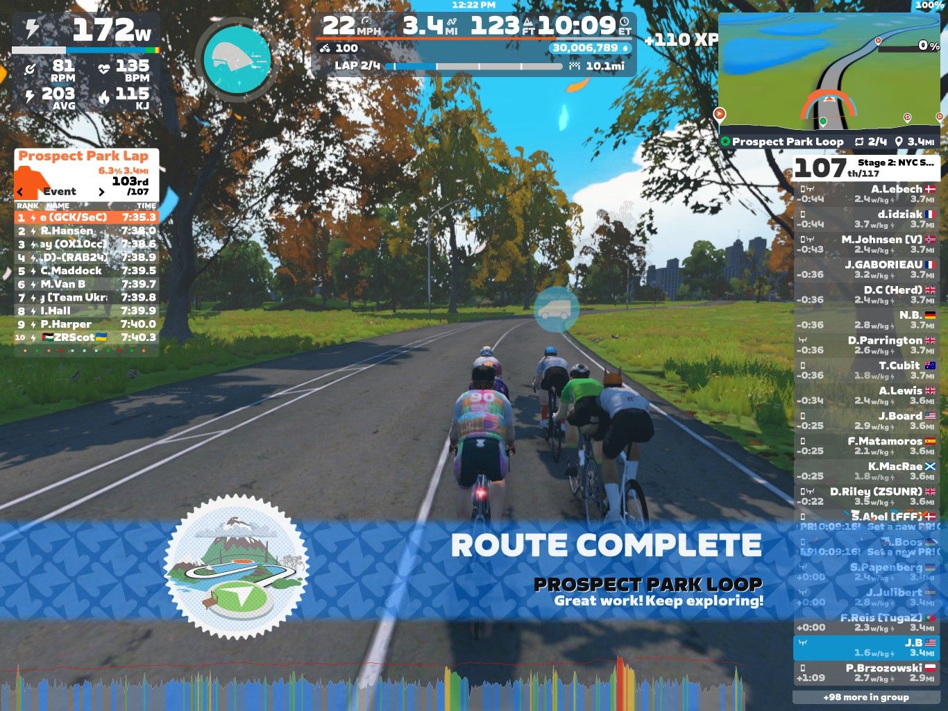 A group of cyclists is seen riding on a virtual course in Zwift, specifically the Prospect Park Loop. The screen displays various statistics, including distance, speed, and personal performance metrics, along with a routing map and a leaderboard showing participants' rankings and times. The environment features vivid trees and a clear path. The message