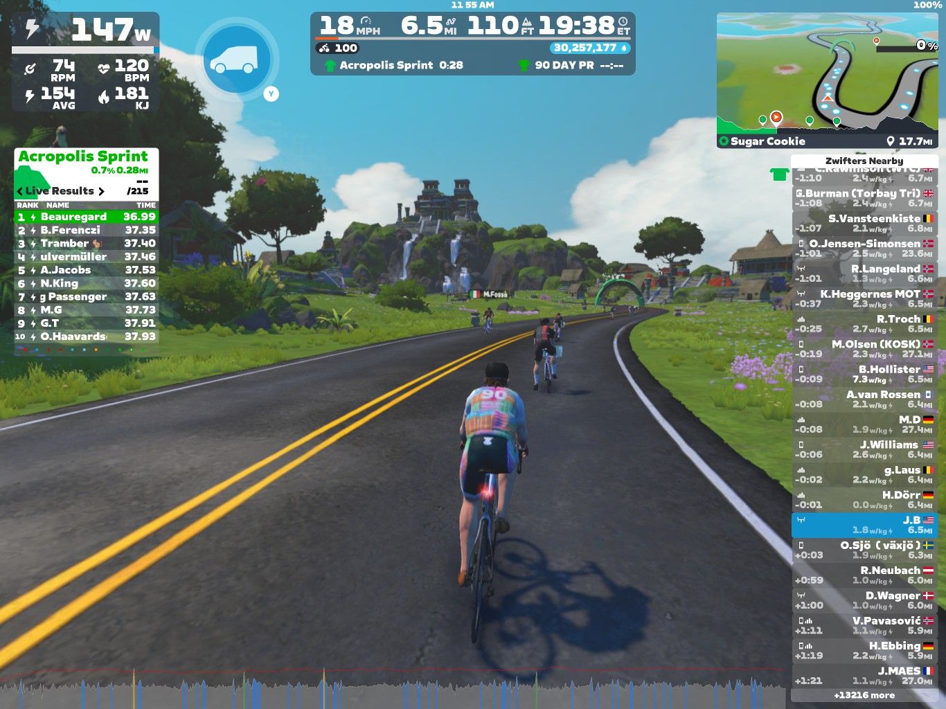 A virtual cycling scene shows riders participating in the Acropolis Sprint event on Zwift. The cyclists are on a road with trees and rocky hills in the background. An overlay displays performance metrics, including speed, distance, and a leaderboard with participant times. The atmosphere is vibrant and engaging, with a colorful, animated environment.