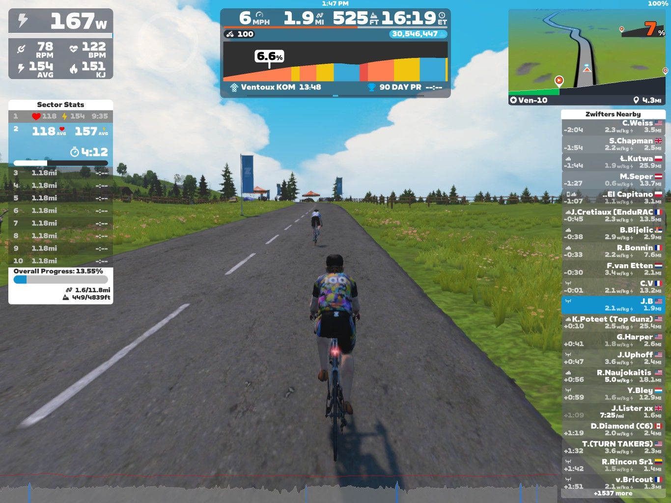A cyclist rides on a virtual road in Zwift, with a rural landscape featuring grass and trees on either side. The screen displays various performance metrics, including speed, power output, and heart rate, as well as a leaderboard of other cyclists nearby. The weather appears clear with a blue sky and some clouds.