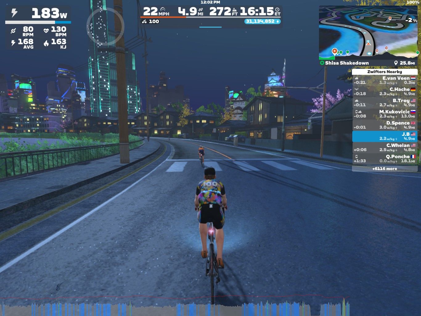 A cyclist is riding on a virtual road in Zwift, surrounded by digital city buildings illuminated at night. The screen displays various performance metrics, including power output, speed, and heart rate. Another cyclist is slightly ahead on the path. A map and a list of nearby riders are also visible in the corner.
