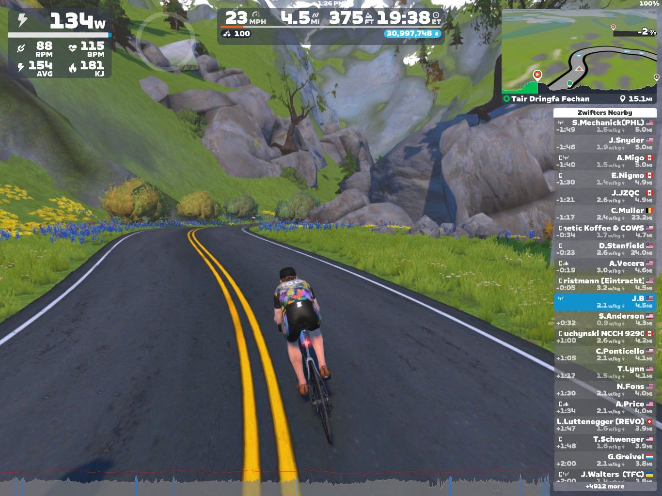 A cyclist is riding on a virtual road in Zwift, surrounded by lush green hills and blooming flowers. The cyclist's performance statistics are displayed on the screen, including speed, power output, and heart rate. A map showing the route and nearby virtual riders is also visible.