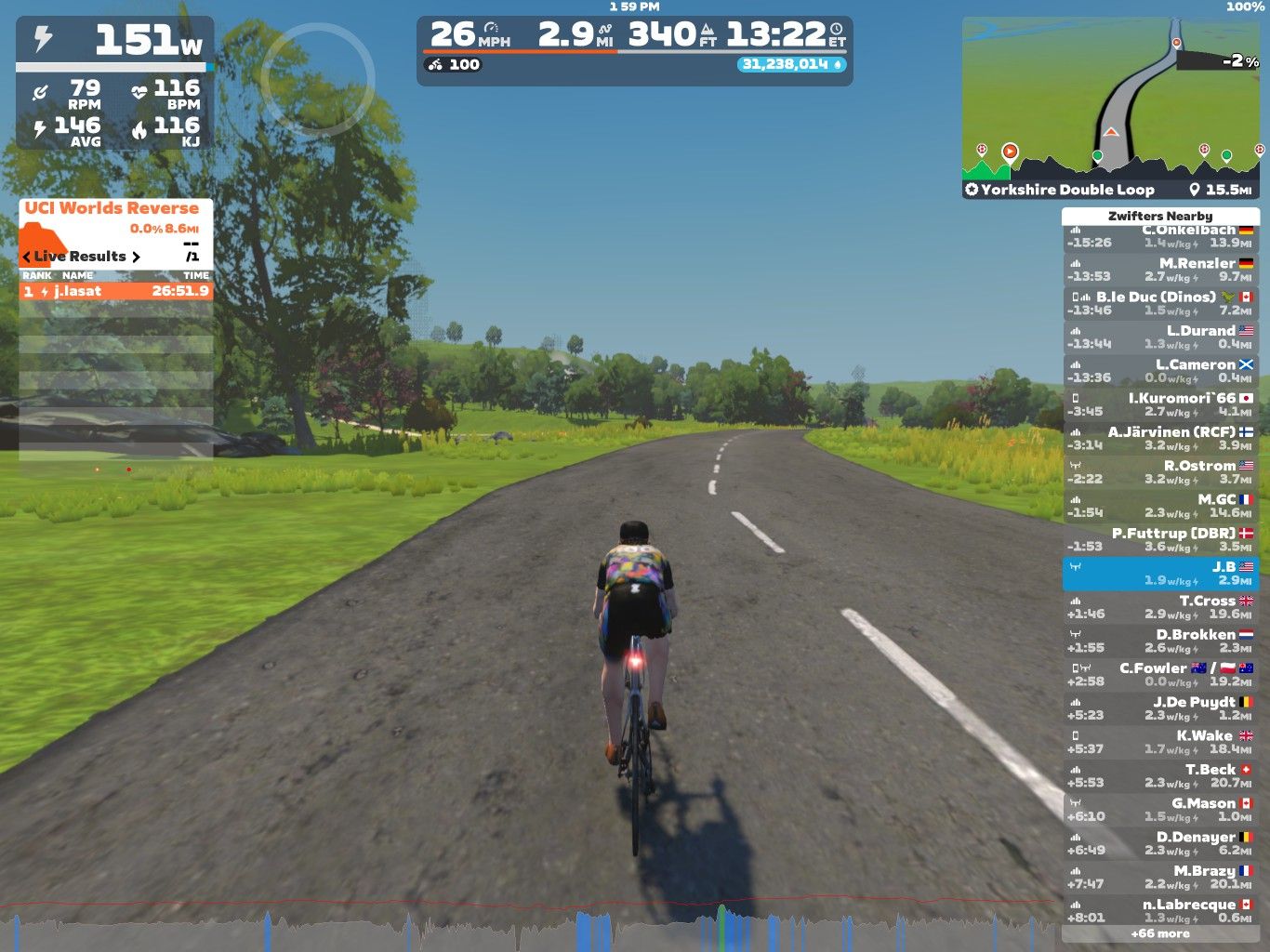 A cyclist rides on a virtual road in Zwift, showcasing a green landscape with trees and grass. The screen displays performance metrics, including power (151W), speed (26 mph), distance (2.9 miles), and heart rate (116 bpm). Additional information shows the cyclist's rank and nearby competitors in an online race.