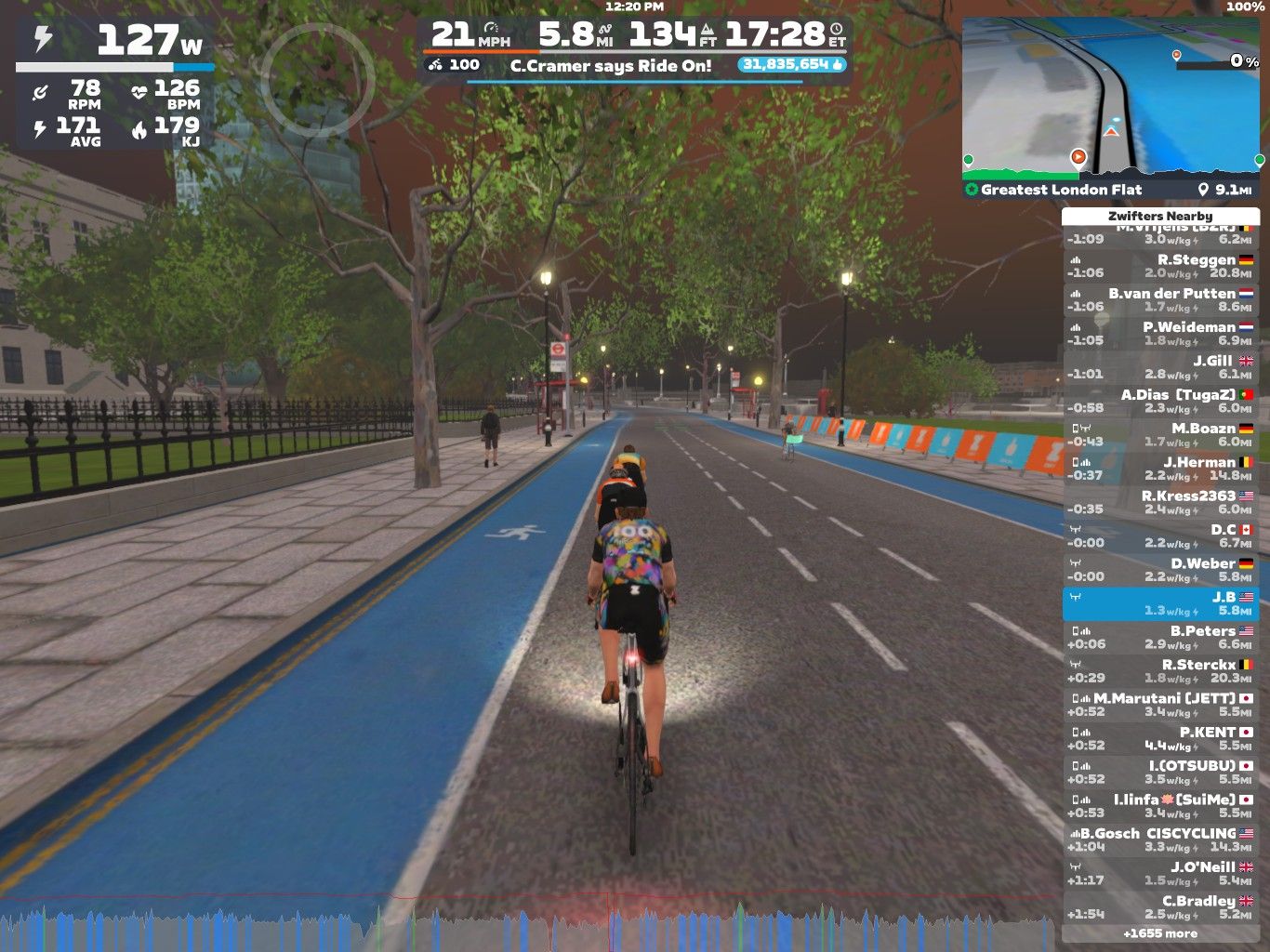 A cyclist rides on a virtual road in Zwift's Greatest London Flat course. The screen displays cycling statistics, including power output, speed, and heart rate. Nearby cyclists are listed on the right, and the environment features trees and a nighttime city setting.