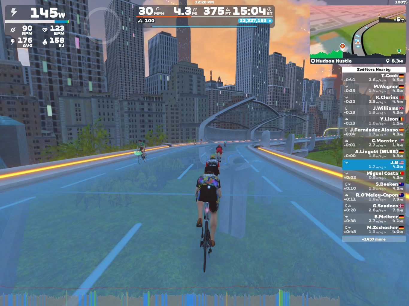 A virtual cycling scene in Zwift featuring several cyclists riding on a futuristic, elevated track with city skyscrapers in the background. The interface shows power output, speed, distance, and heart rate metrics, along with a map displaying nearby cyclists. The setting has a sunset backdrop, creating a vibrant atmosphere.
