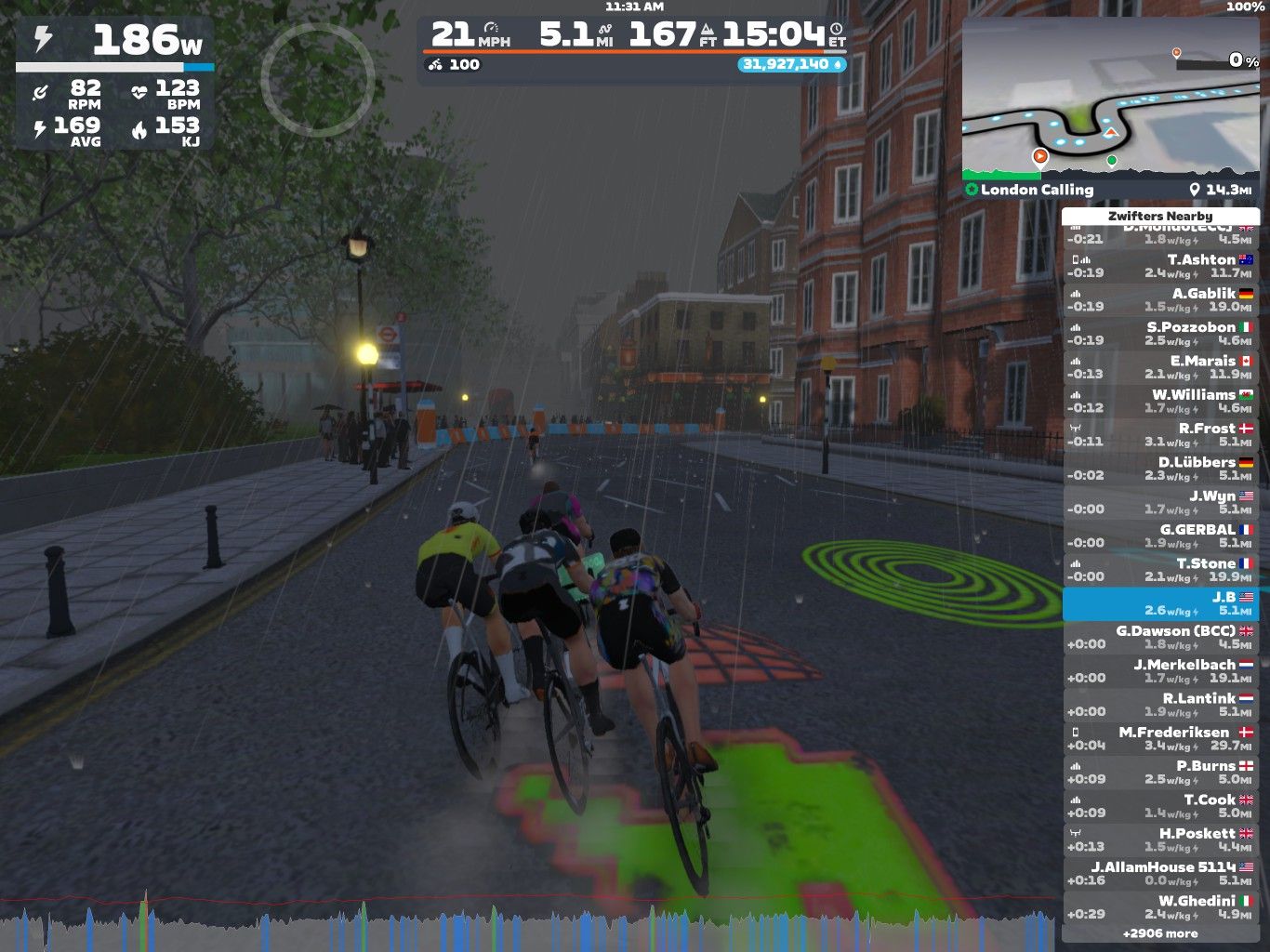 A digital cycling race on Zwift featuring several cyclists riding in rainy weather. The scene shows a virtual road with a wet surface, street lamps, and a map display with race stats. Cyclists are in close formation, and the background features buildings typical of an urban environment.