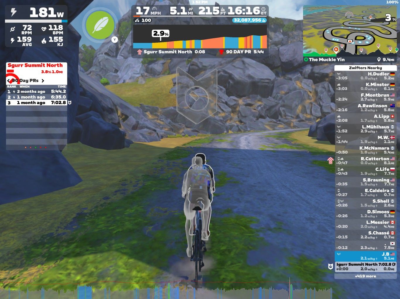 A virtual cycling screen displaying performance metrics. A cyclist is riding on a path surrounded by rocks and greenery in the Zwift environment. The interface shows power output, speed, distance, heart rate, and rankings for different segments, including recent performance records. A map and list of nearby users are also visible.