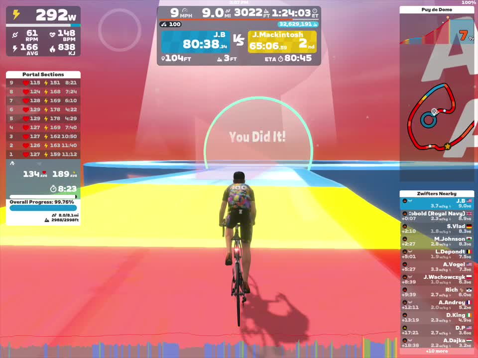 A cyclist rides through a colorful virtual landscape in Zwift, with a message that says 