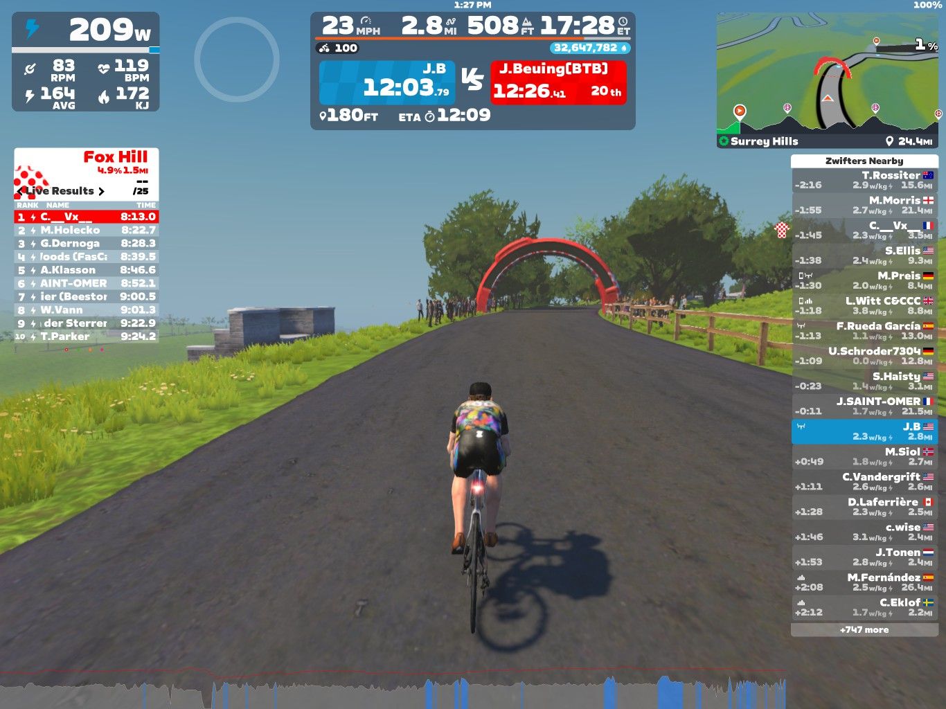 A cyclist rides on a virtual road in Zwift, with hills and trees in the background. The screen displays race statistics, including power output (209W), speed (23 mph), and a leaderboard with participant times and rankings. A red arch signifies a checkpoint. The interface shows nearby competitors and route details.