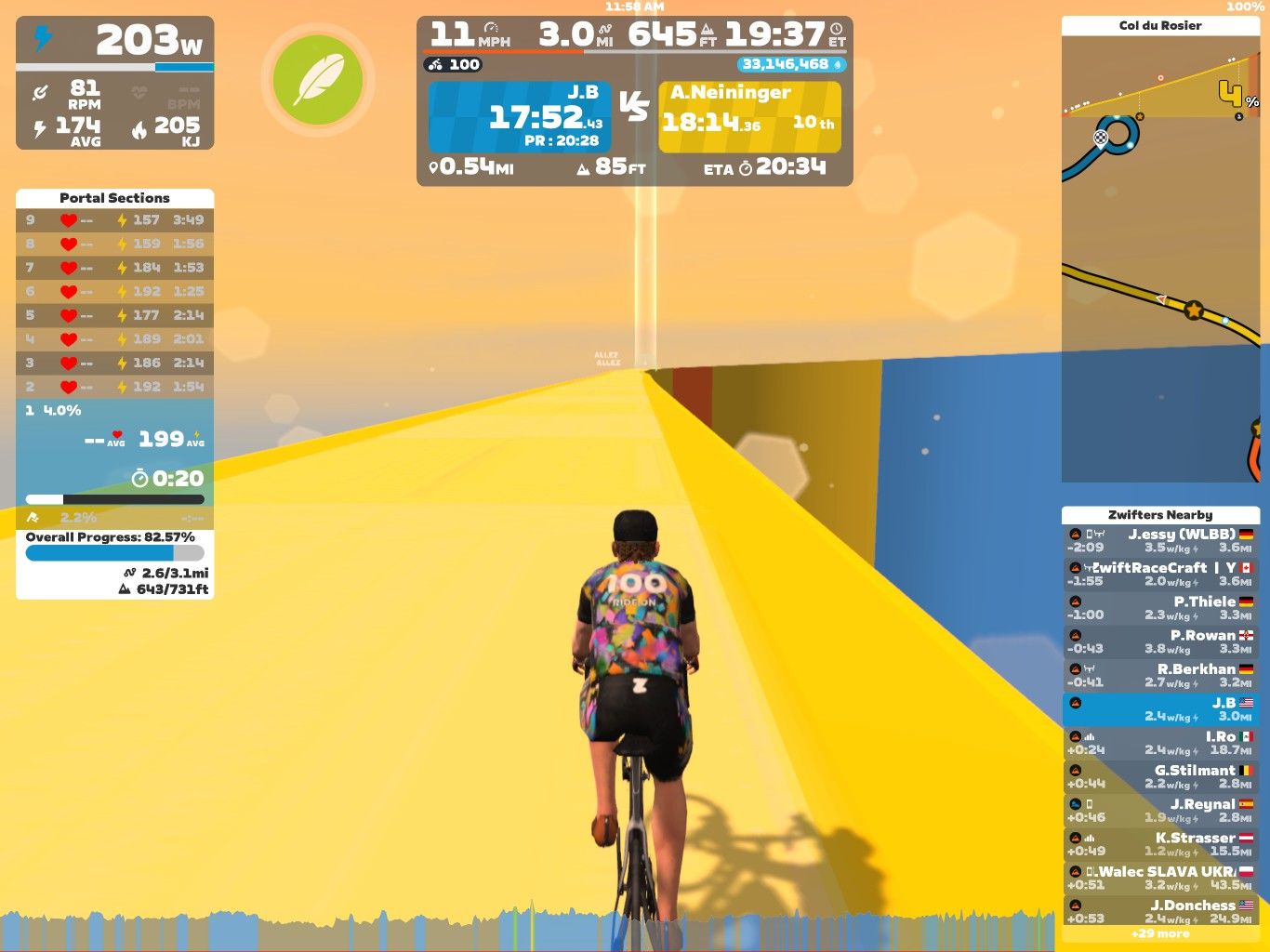 A cyclist rides on a brightly colored digital course in Zwift, showcasing performance metrics such as power, speed, and elevation. The cyclist is wearing a patterned jersey and is approaching a steep incline, with various statistics displayed on the screen, including overall progress and nearby participants. The background is a gradient of pastel colors, enhancing the virtual cycling experience.