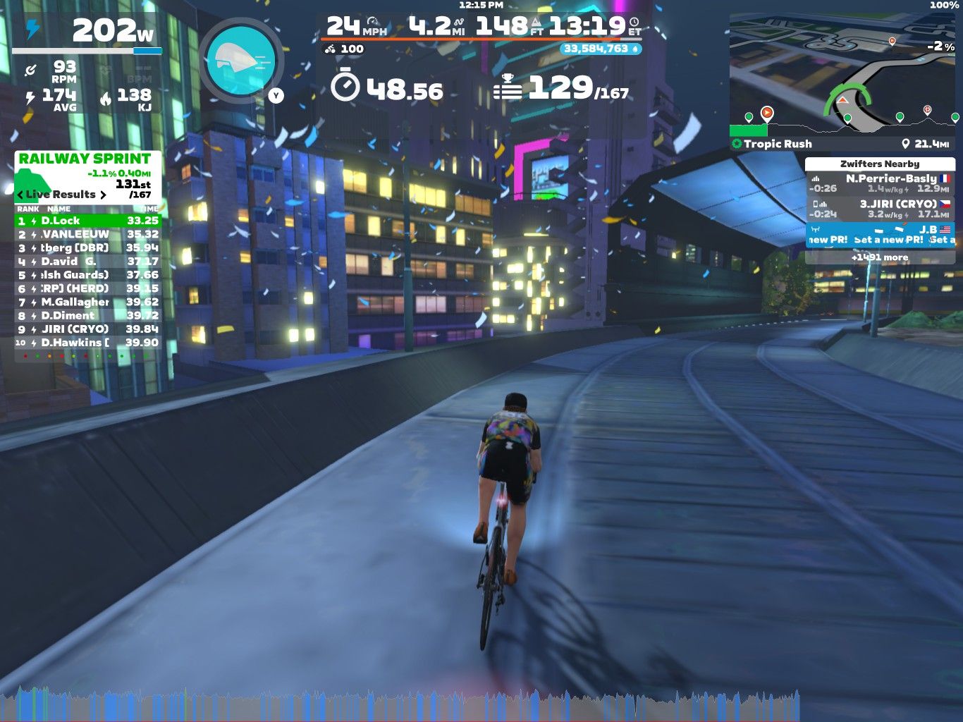 A cyclist rides on a virtual track in Zwift, surrounded by colorful buildings in a nighttime cityscape. The screen displays various statistics, including the cyclist's speed, power output, and a leaderboard with live results of participants in a railway sprint event.