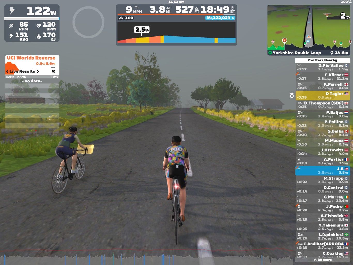 A virtual cycling scene in Zwift, showing two cyclists on a road through a landscape with green fields. The display provides information on speed, power output, heart rate, and current standings in a live event. The background shows trees and a gray sky.
