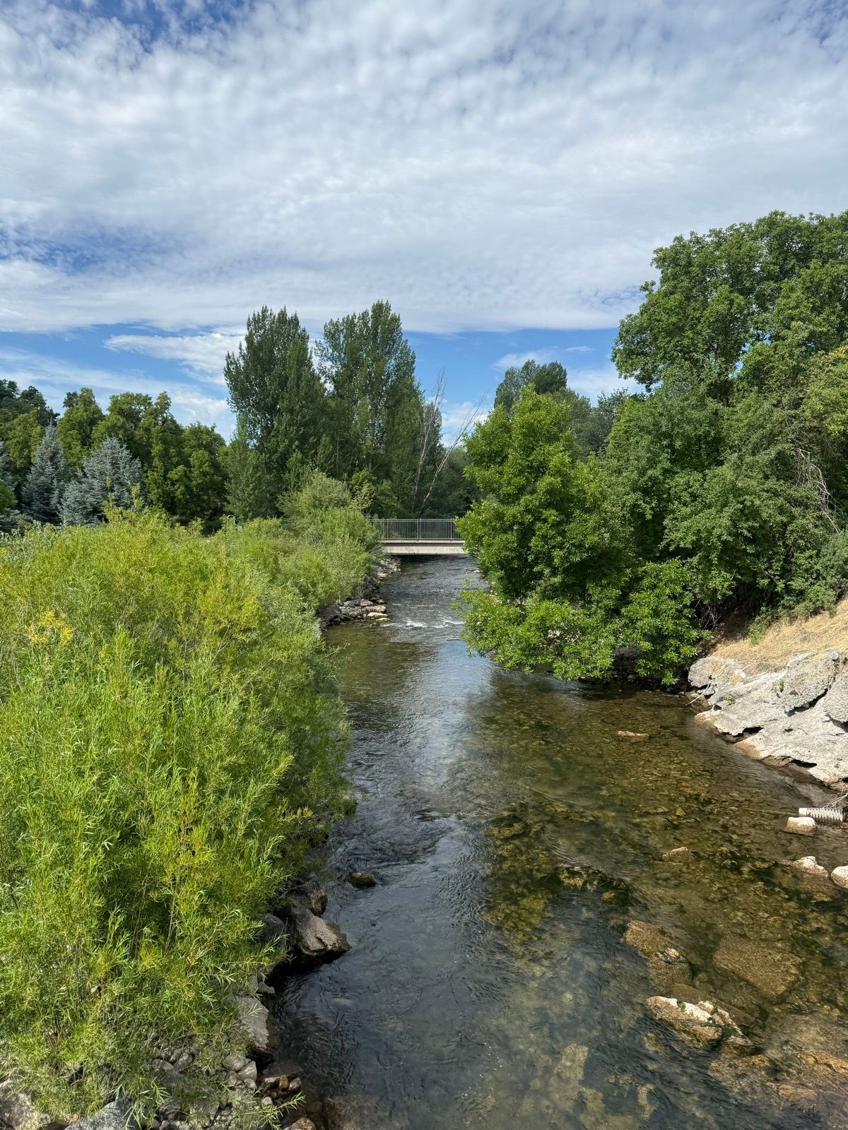 A clear river flows through lush greenery, with trees lining the banks and a bridge visible in the background under a partly cloudy sky. The scene captures a peaceful, natural setting in Paradise, Utah.