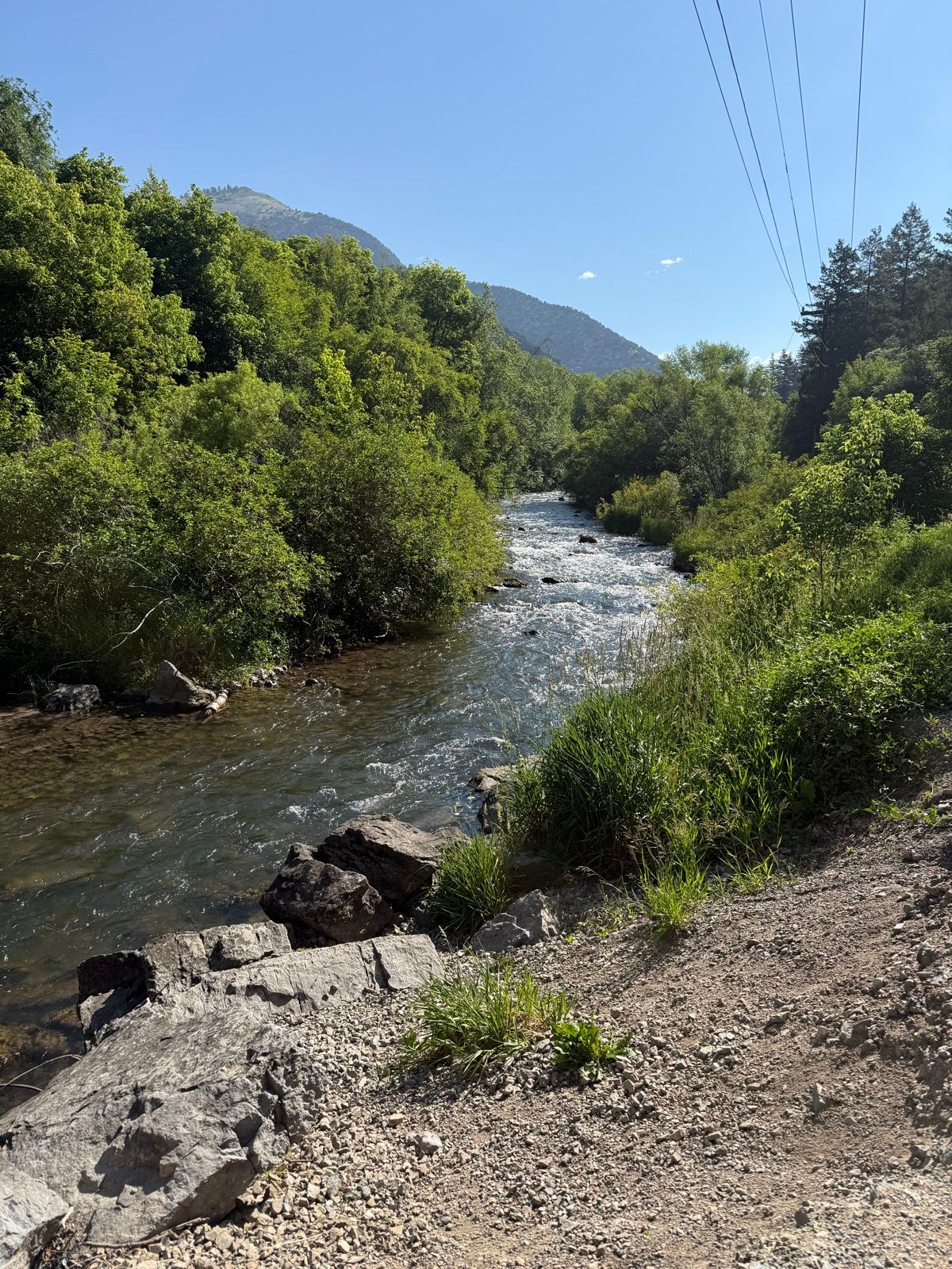 A river flows through a green landscape in Providence, Utah. The scene features lush trees along the riverbanks, rocky areas, and distant mountains under a clear blue sky. Power lines are visible in the background.