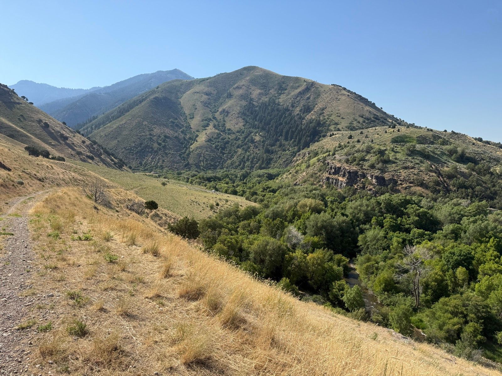A scenic landscape view in Providence, Utah, featuring rolling hills, grassy areas, and dense greenery in the valley below. The sky is clear and blue, showcasing the mountains in the background. A dirt path runs along the hillside.
