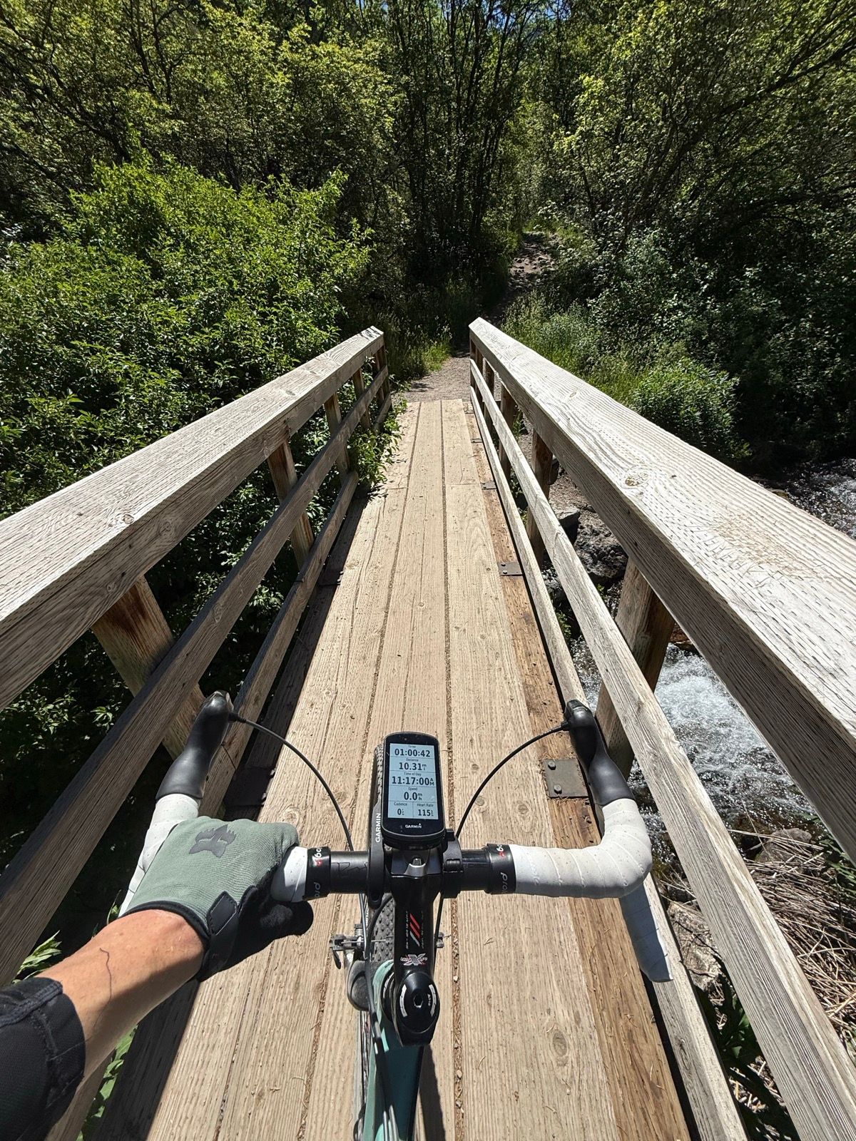 A cyclist's view from handlebars on a wooden bridge with trees and greenery on both sides, located in Providence, Utah.