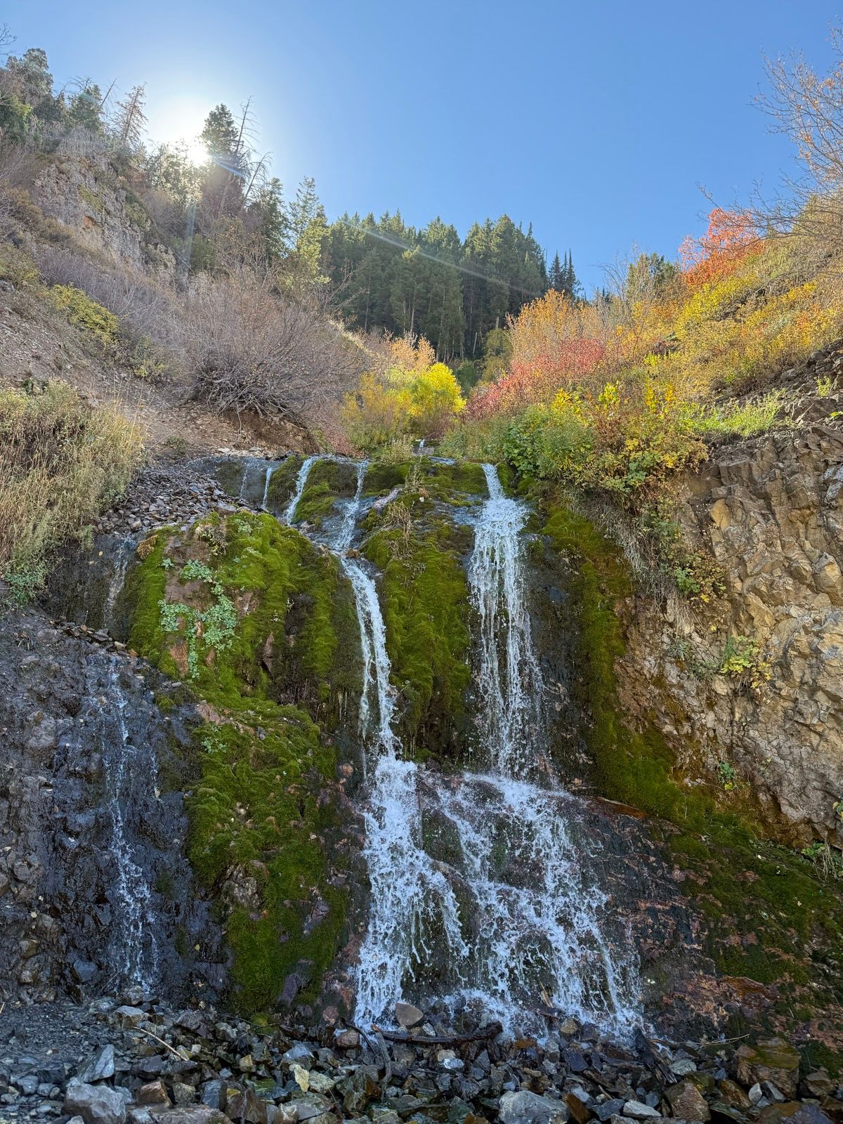 A cascading waterfall surrounded by colorful autumn foliage and rocky terrain under a clear blue sky in Providence Canyon, Utah. The sun is shining in the background, illuminating the scene.
